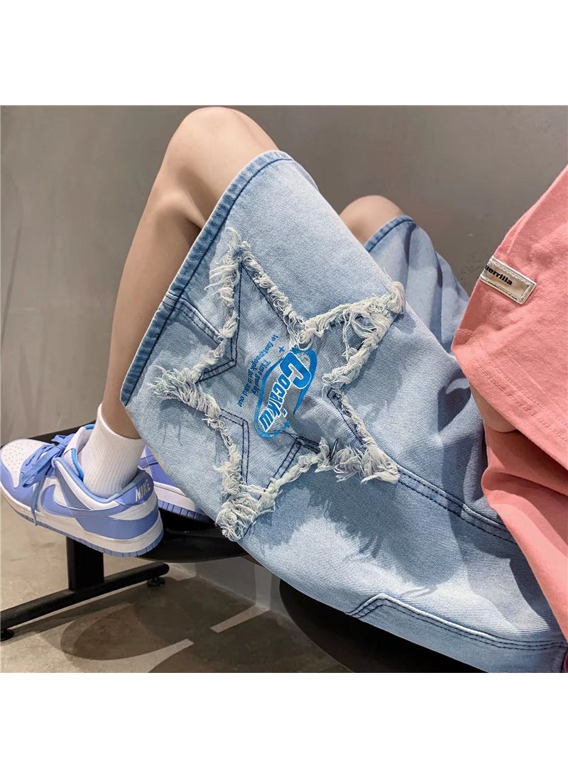 Slim Fit Denim Shorts Men Summer Trendy Light Blue