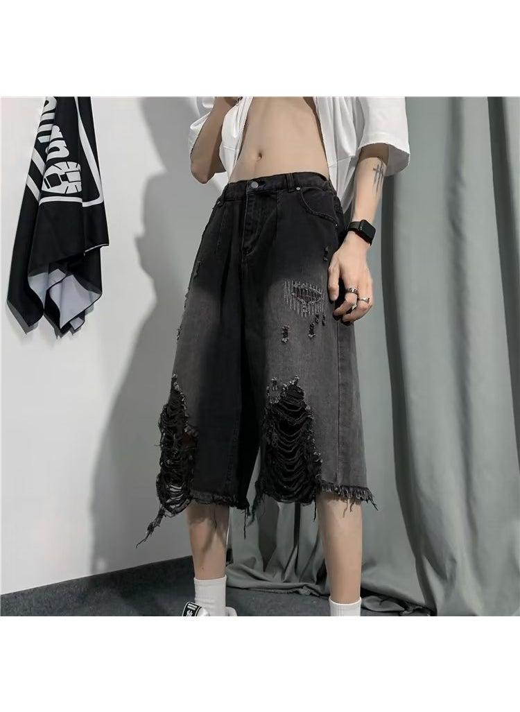 Summer Thin Drawstring Denim Shorts Men Casual Retro Loose Fit Black Gray