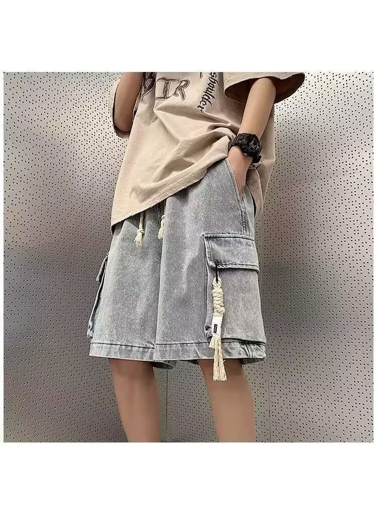 Mens Summer Denim Cargo Shorts Casual Loose Fit Light Blue