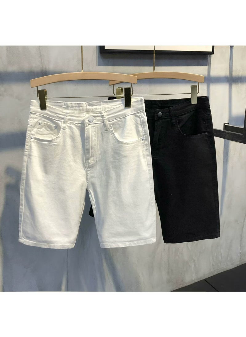 Mens Slim Korean White Denim Shorts Summer Breathable Fashion White