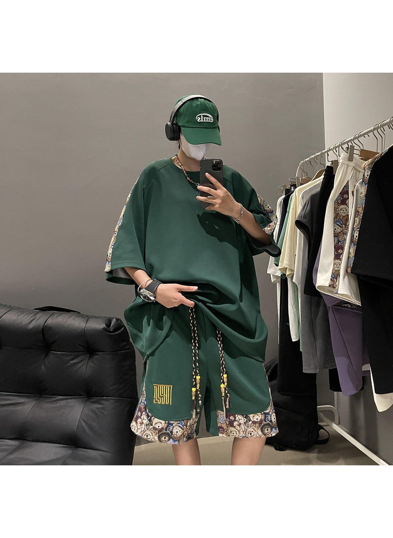 Mens Summer Bear Tee  Waffle Shorts Set Green [counter quality]]