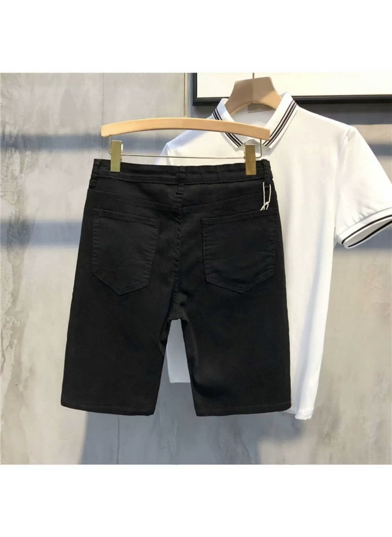 Mens Slim Korean White Denim Shorts Summer Breathable Fashion Black