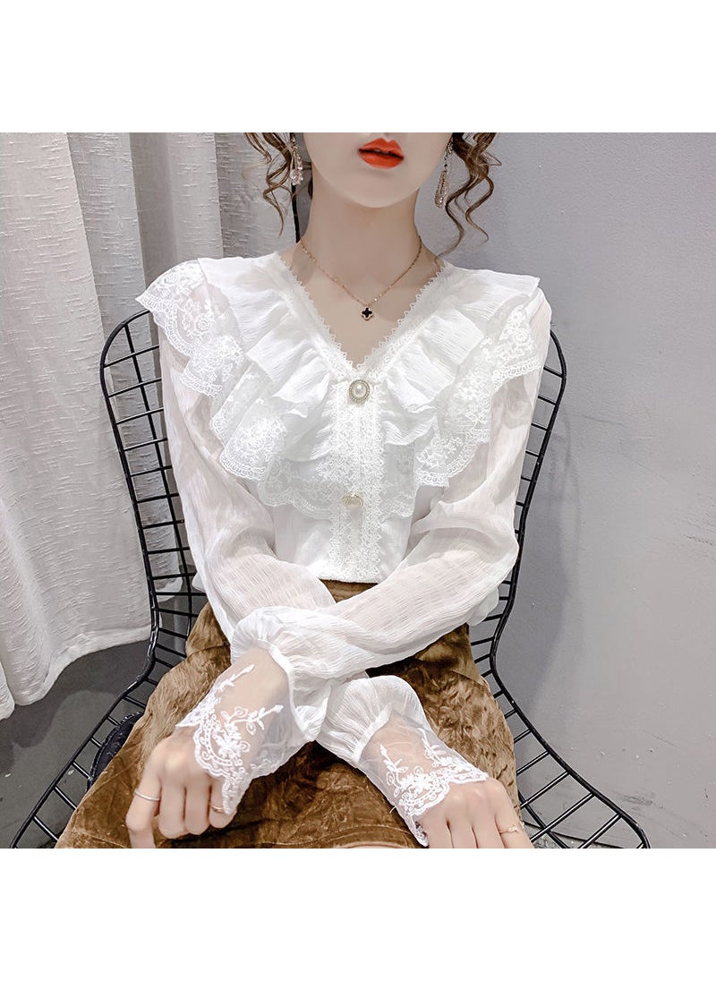 2023 Trendy Lace Chiffon Blouse Long Sleeve Womens Top White long sleeve store manager recommend fabric with lining