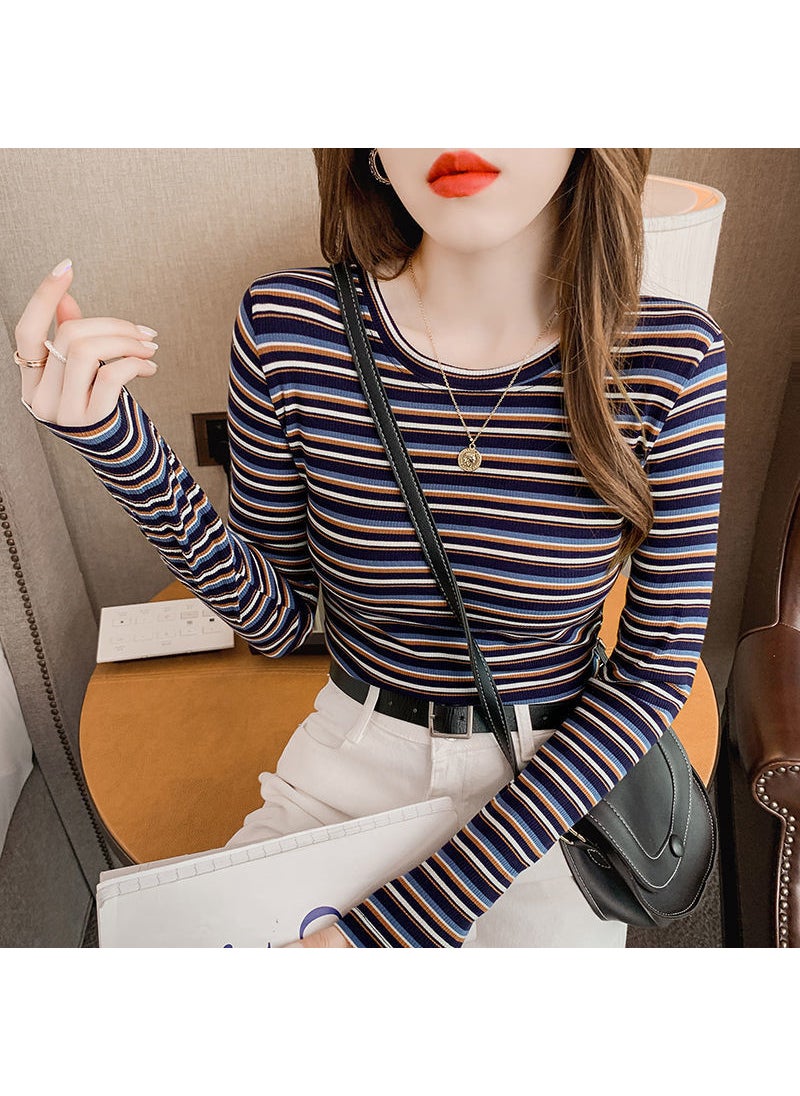 Striped Long Sleeve Slim T-Shirt Women Spring Fall 3575# purplish blue stripes