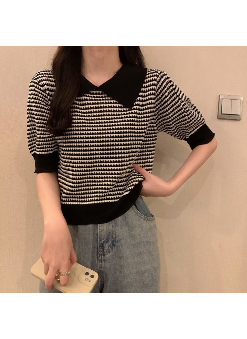 Color Block Striped Polo Knit Tee Summer Slim Fit Women Black