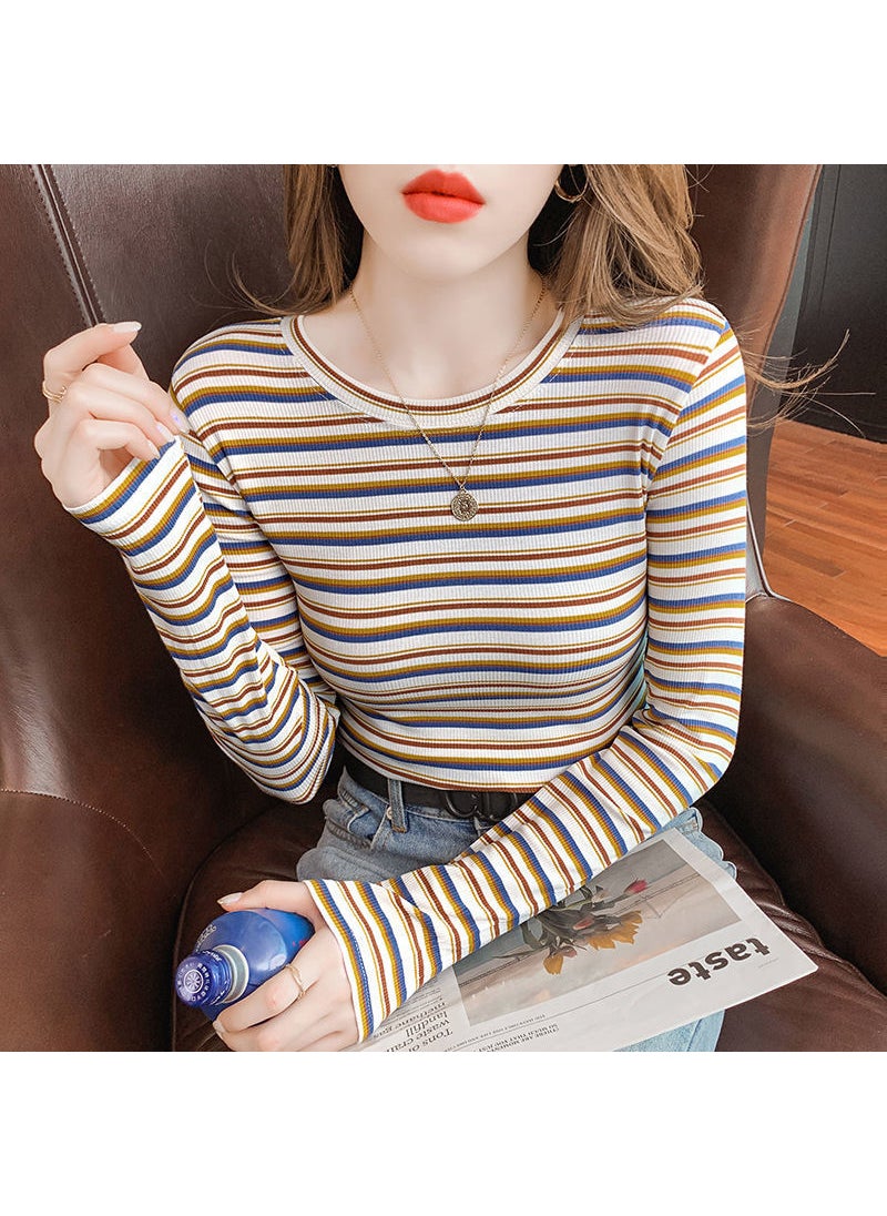 Striped Long Sleeve Slim T-Shirt Women Spring Fall 3575# yellow stripes