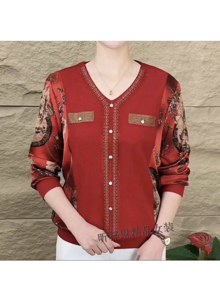 Long Sleeve V-Neck Rhinestone Tee for Women Autumn Fashion Red