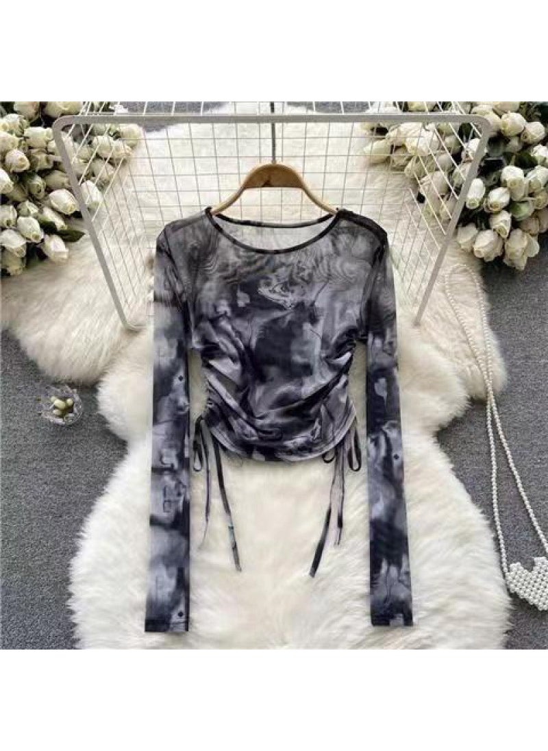 French Vintage Tie-Dye Drawstring Top Black