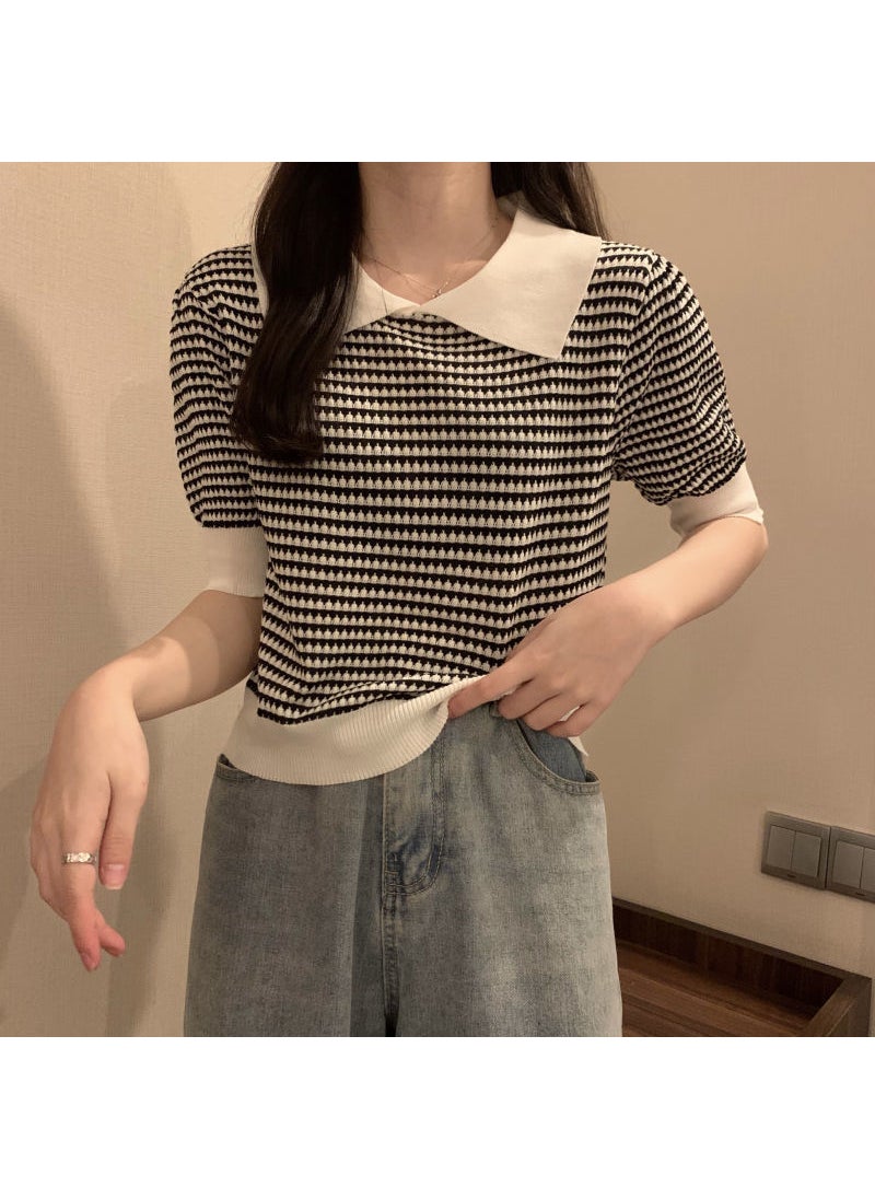 Color Block Striped Polo Knit Tee Summer Slim Fit Women White