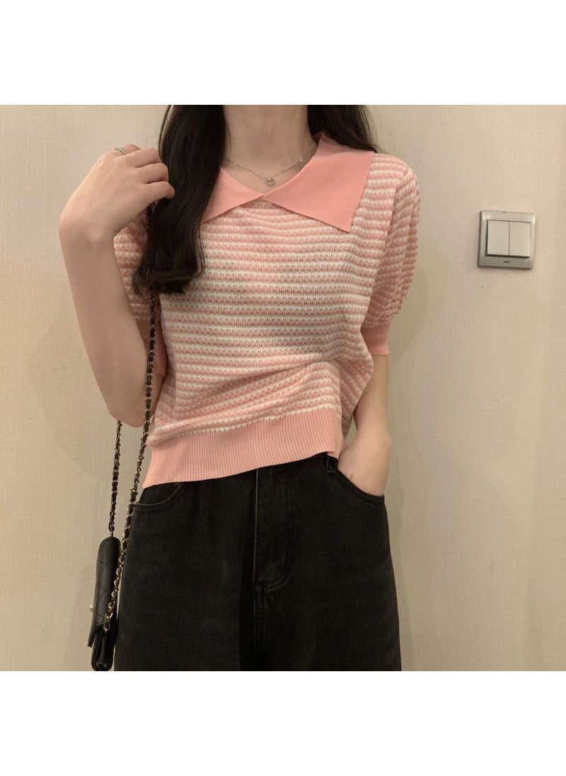 Color Block Striped Polo Knit Tee Summer Slim Fit Women Pink