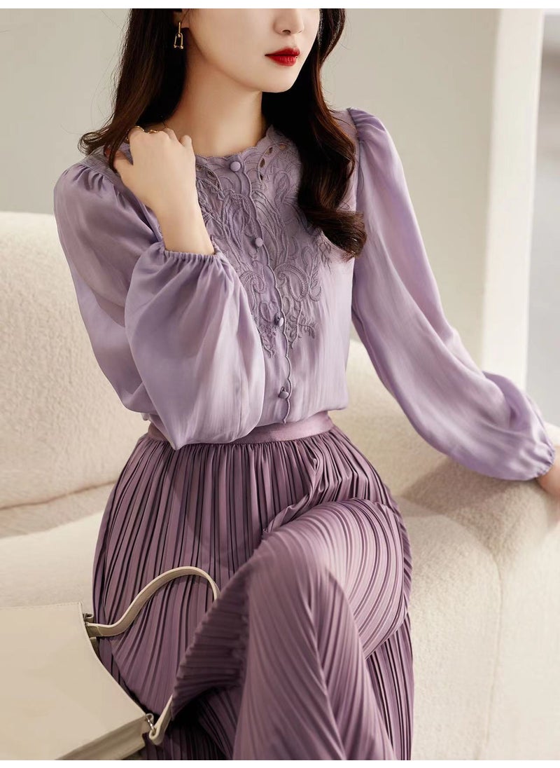 Elegant French Embroidered Lantern Sleeve Blouse Purple