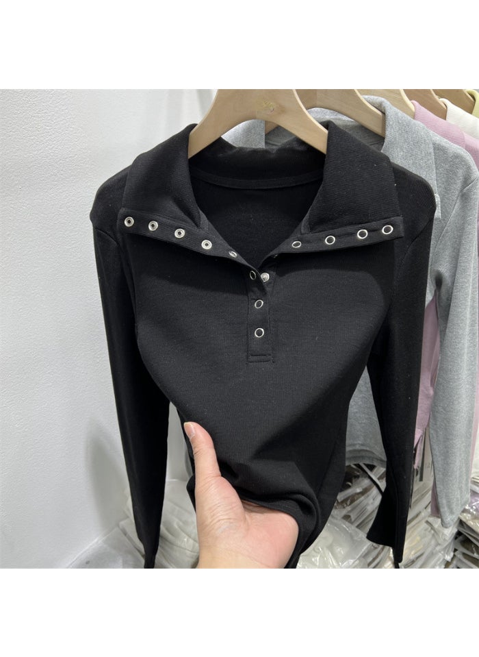 1 x 5 pcs 2024 Spring Autumn Chic Buttoned Collar Long Sleeve Womens Tee Black