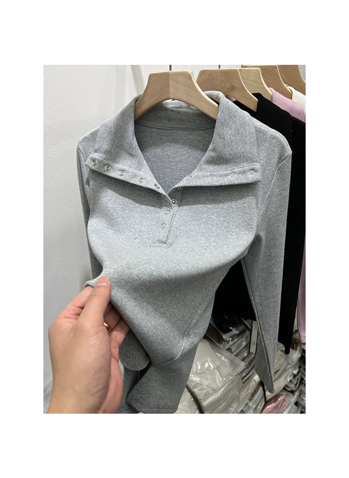 1 x 5 pcs 2024 Spring Autumn Chic Buttoned Collar Long Sleeve Womens Tee Light gray