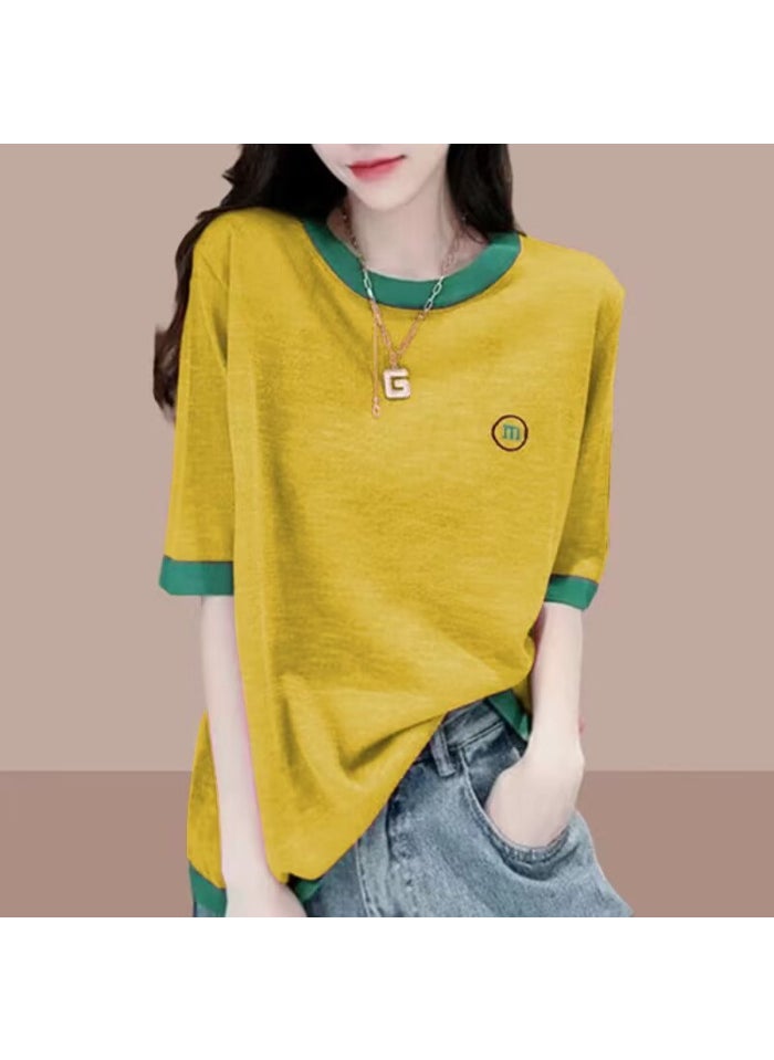 Summer Dopamine Loose Tee Colorblock Casual Womens Top Yellow