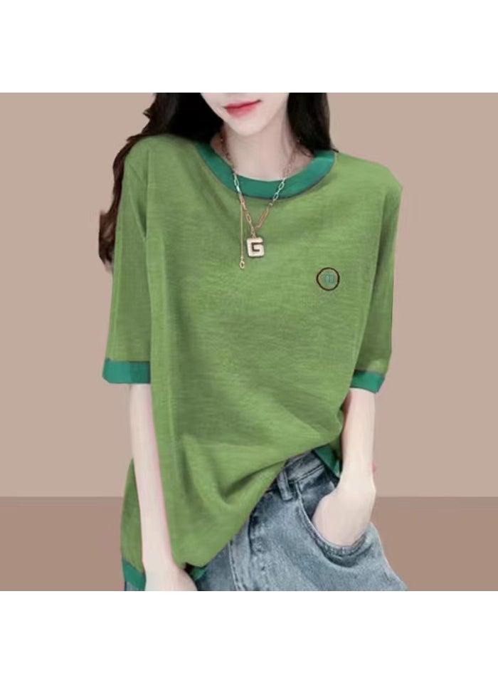 Summer Dopamine Loose Tee Colorblock Casual Womens Top Green