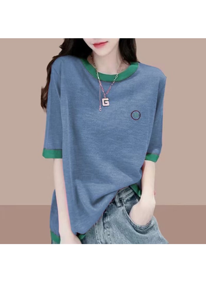 Summer Dopamine Loose Tee Colorblock Casual Womens Top Blue