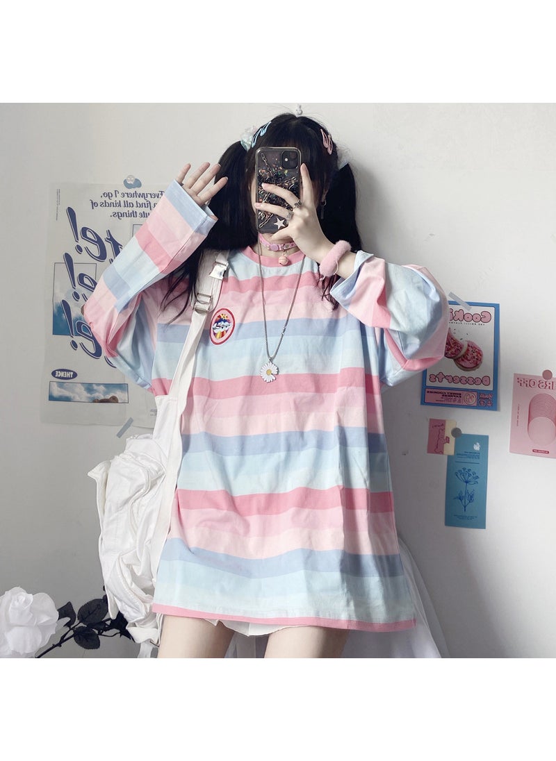 1 x 5 pcs 2023 Autumn Striped Long Sleeve T-Shirt Womens Casual Korean-Style Tee Pink stripes