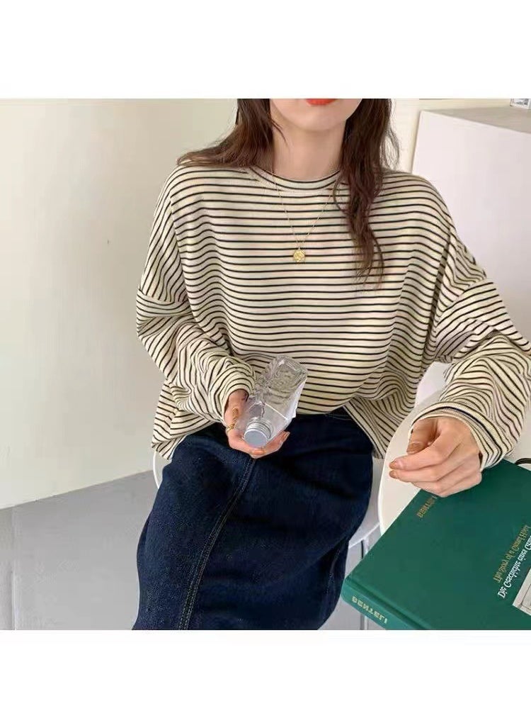 1 x 5 pcs Striped Base Layer Tee Thin Loose Fit Autumn 2023 Coffee stripes