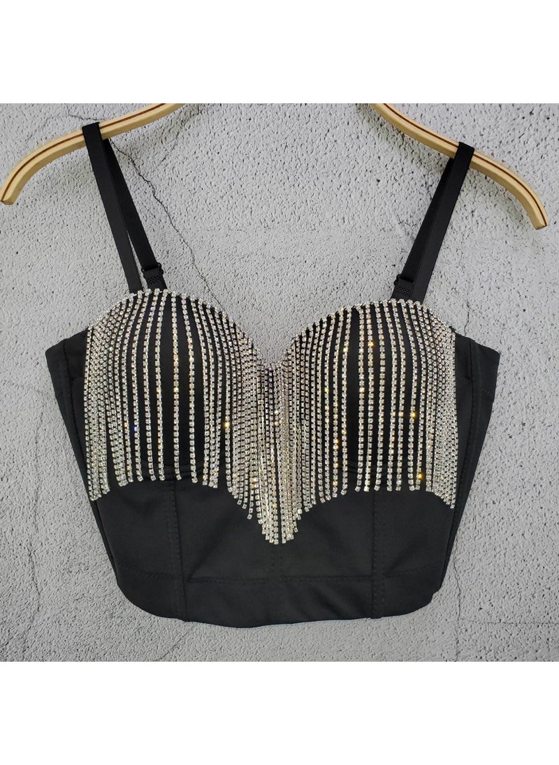 1 x 5 pcs Rhinestone Tassel Chain Slim Camisole Summer Crop Top Black