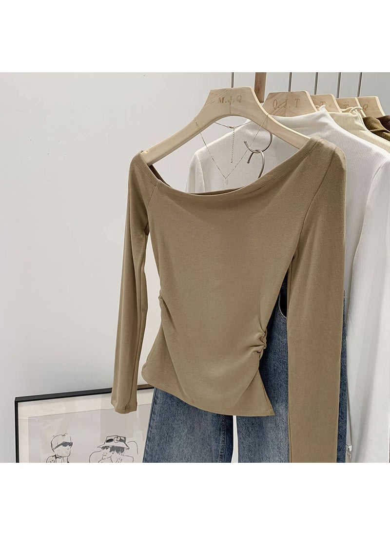 Chic One-Shoulder Womens Top Spring Summer Khaki