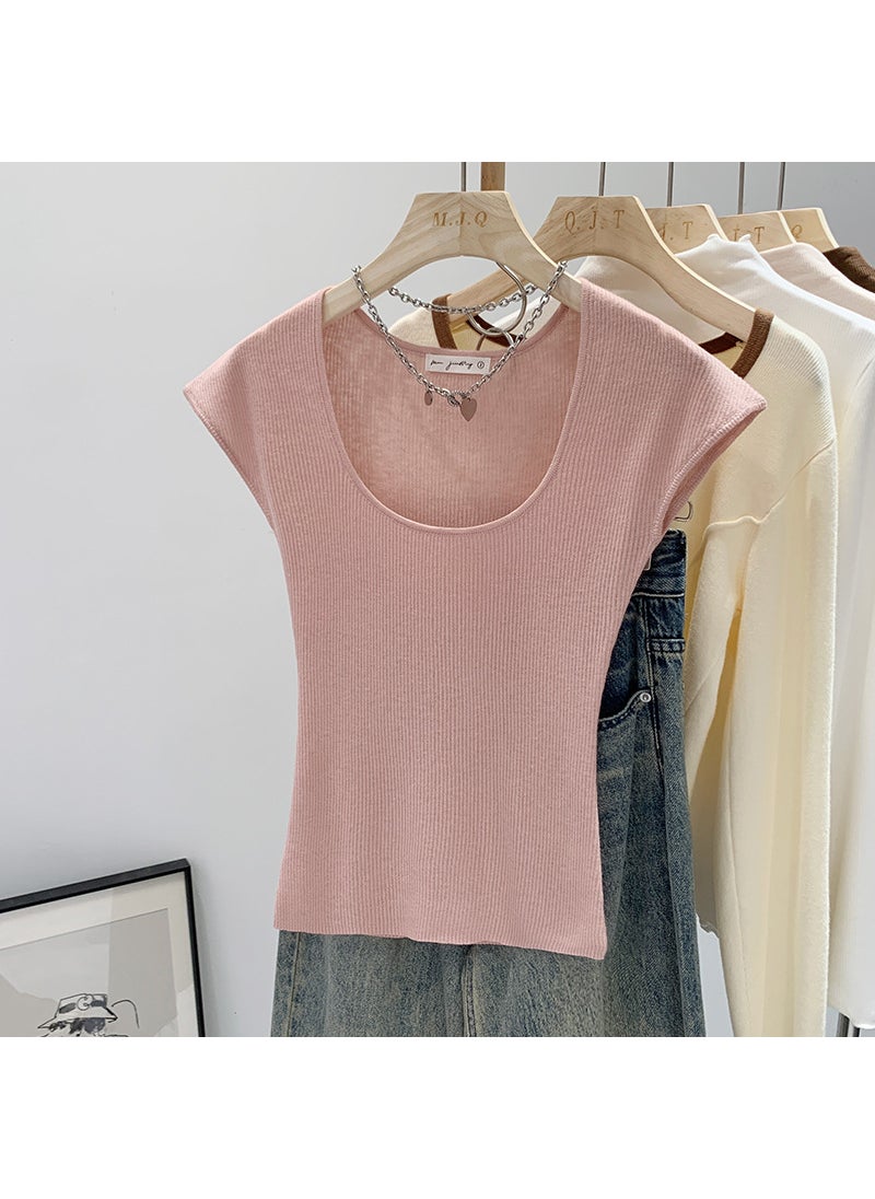 Pink U-Neck Knit Top Slimming Spring 2024 Pink