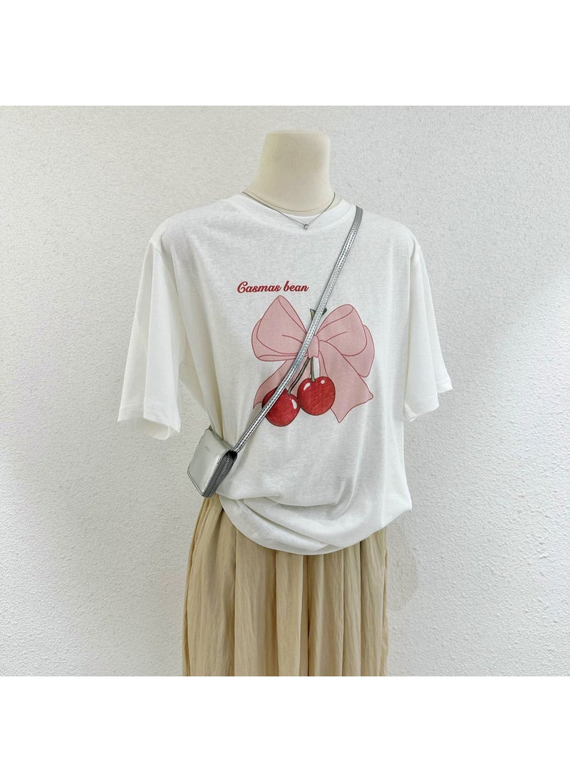 Modal Butterfly Knot Cherry Print Tee White [super touch modal]]