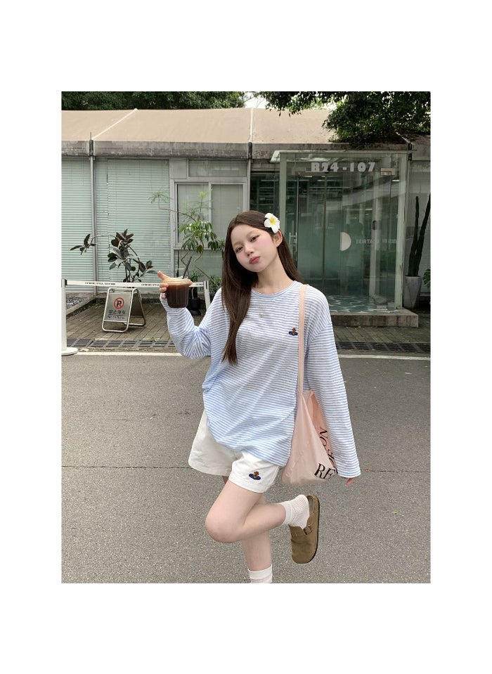 Chic Sweetheart Striped Long-Sleeve Thin Summer T-Shirt Shorts