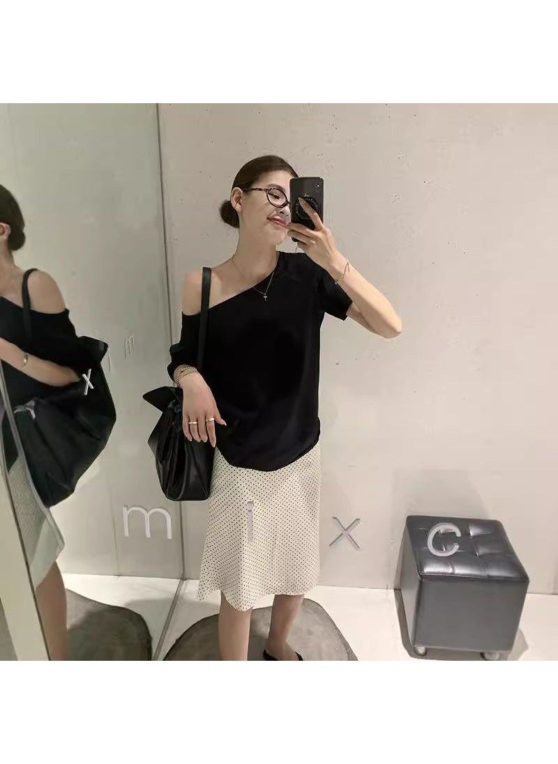 1 x 5 pcs Summer Modal Off-Shoulder Tee Casual Loose black