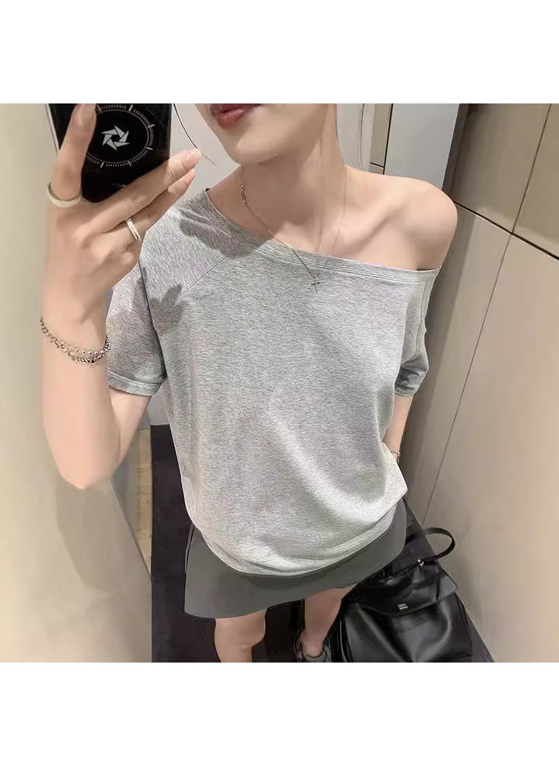 1 x 5 pcs Summer Modal Off-Shoulder Tee Casual Loose gray