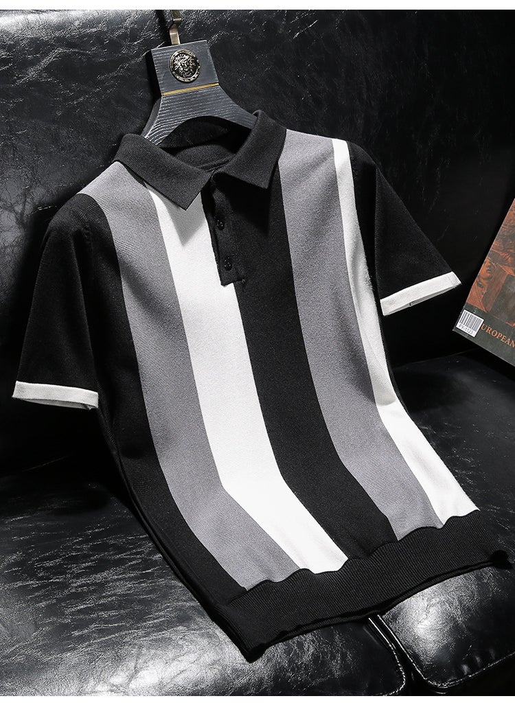 2023 Summer Mens Striped Knit Polo Shirt Black