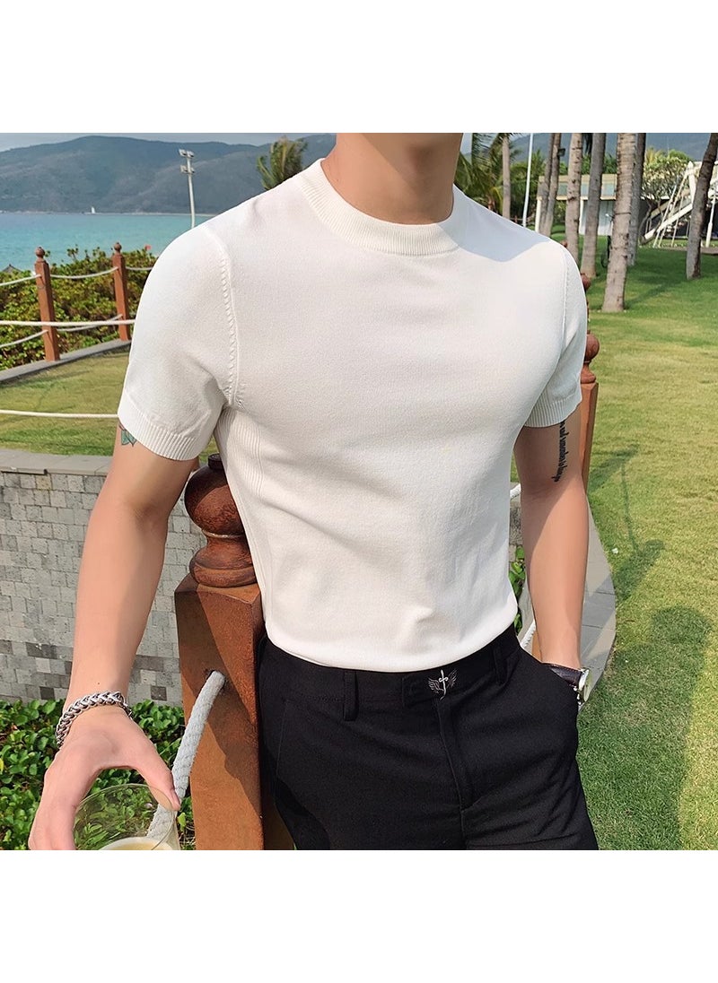 Slim Fit Korean Half-Sleeve T-Shirt 2024 Fashion Mens Tee White