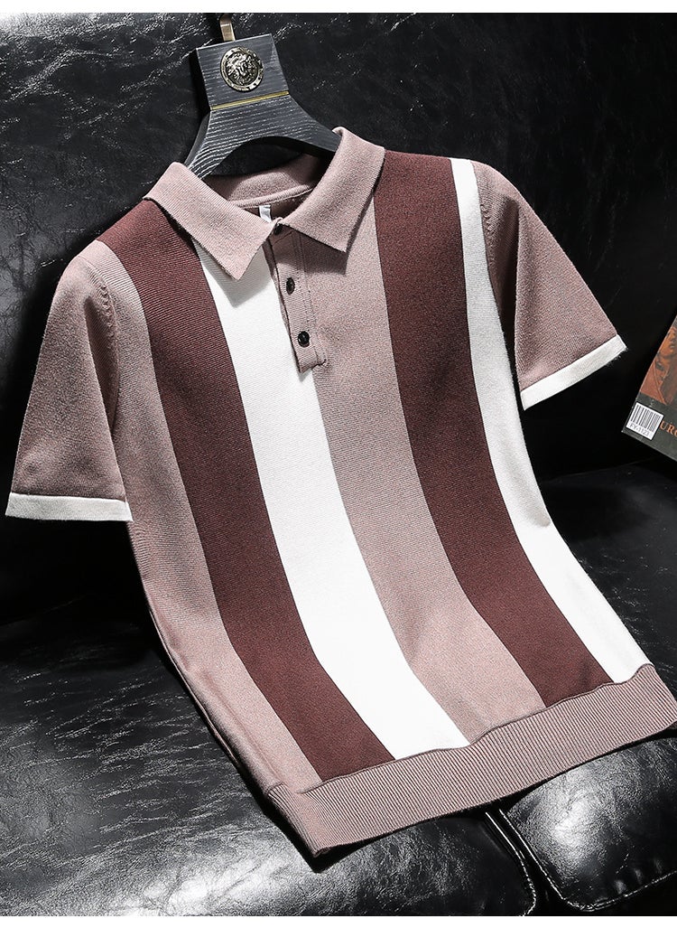 2023 Summer Mens Striped Knit Polo Shirt Brown