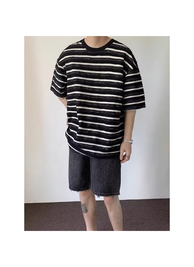 Korean Summer Casual Striped Breathable Tee Black