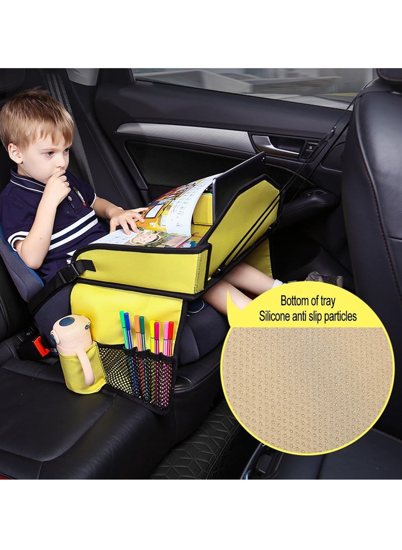 Kids Car Travel Tray - Kids Travel Car Seat Tray with Loading Straps, Toddler Car Seat Activity Tray, Kids Lap Tray for Cars and Planes (Yellow Holiday Dinosaur)