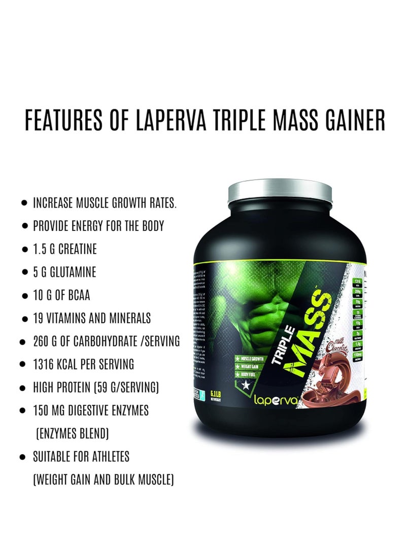 Triple Mass Gainer Protein Powder, High Calorie Weight Gainer with Glutamine & Added Essential Fatty Acids, 1500mg Added Creatine Blend +10 gm of BCAA (Cookies & Cream, 6 LB)