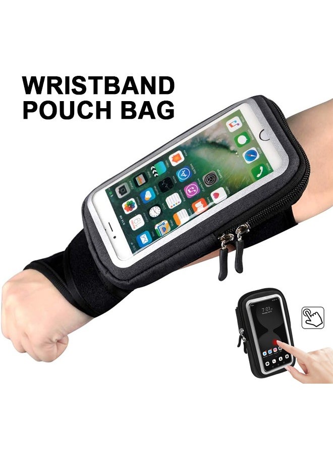 Wristband Pouch Bag, Screen Touchable Cycling Wrist Bag, Sweatproof Sport Running Armband, Riding Forearm Band, Wristband Thumb Wrist for Cycling, Jogging, Exercise, Black