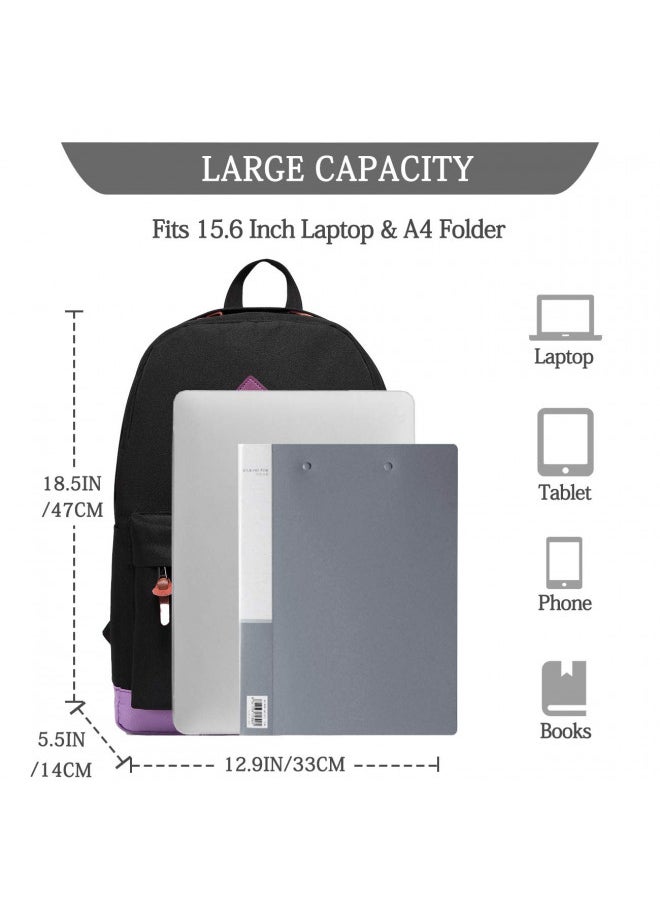 Backpack for Teen Girls, Vaschy Unisex Classic Water Resistant School Backpack Fits 15Inch Laptop (Black Purple)