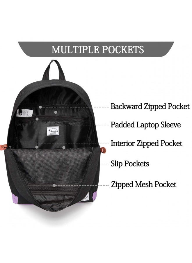 Backpack for Teen Girls, Vaschy Unisex Classic Water Resistant School Backpack Fits 15Inch Laptop (Black Purple)