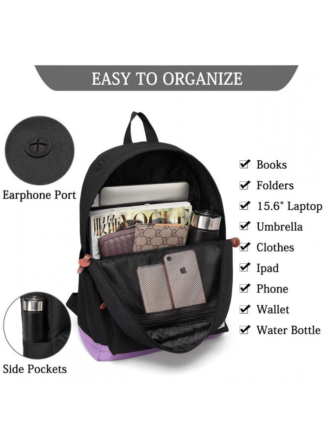 Backpack for Teen Girls, Vaschy Unisex Classic Water Resistant School Backpack Fits 15Inch Laptop (Black Purple)