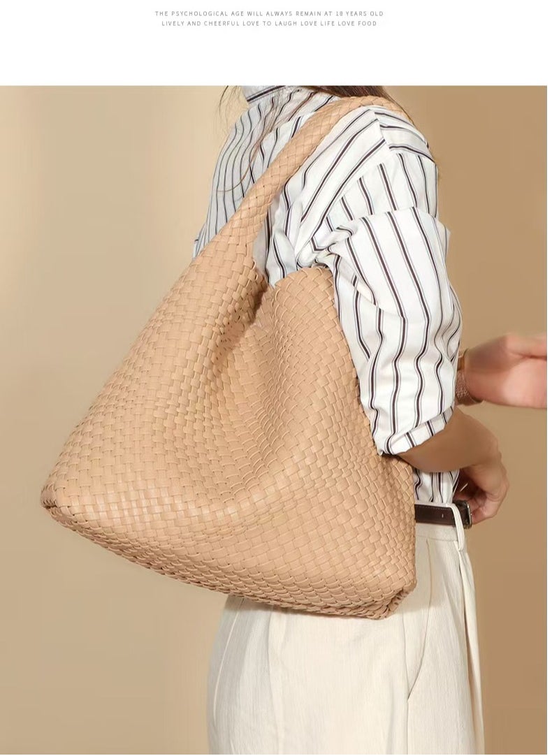 Woven Purse for Women Top-handle Shoulder Bag Soft Tote Bag & Clutch Set- Apricot