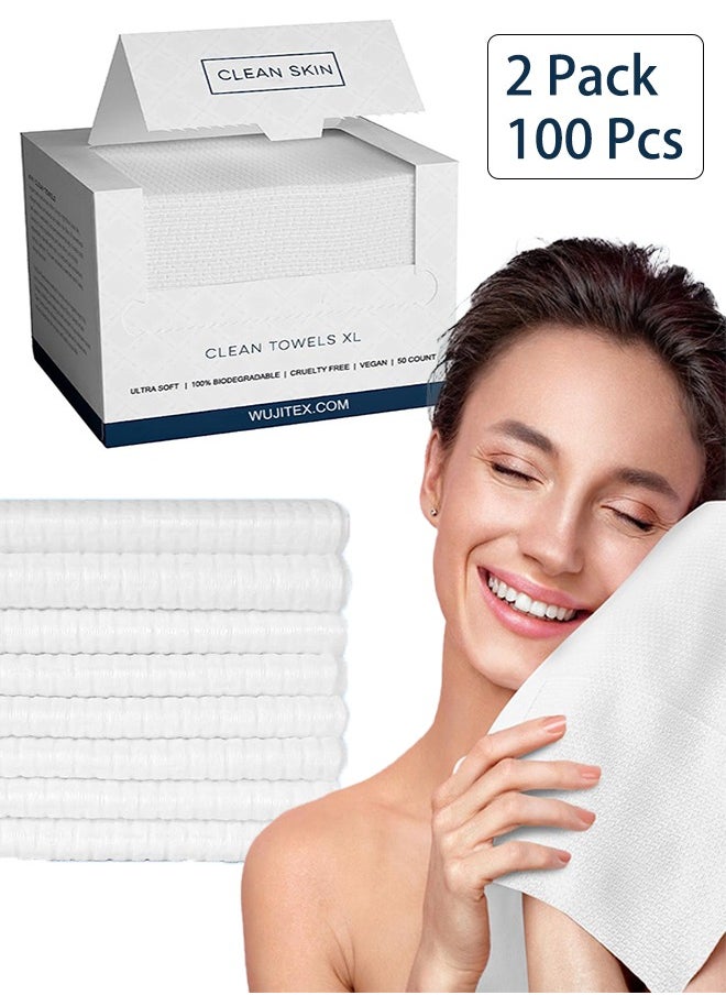 Face Towels, 25cm×30cm Ultra Thick Gentle Exfoliation Disposable Face Towelette, Biodegradable Makeup Remover Dry Wipes , Super Soft Clean Facial Towels Wash Cloth for Sensitive Skin,100 Count,2Pack