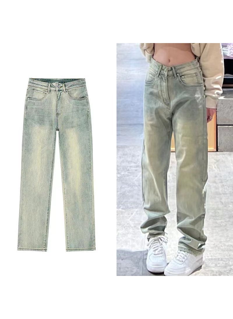 Vintage Japanese Washed Denim High Street Womens Jeans Yellow mud color