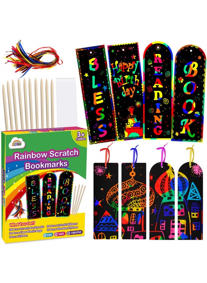 ZMLM Scratch Bookmarks Gift for Kids: 36 Set Rainbow DIY Scratch Paper Art Craft Bookmark Pack Party Favor Activity Bulk Making Kit for Boys Girls Art Craft for Birthday Christmas Halloween