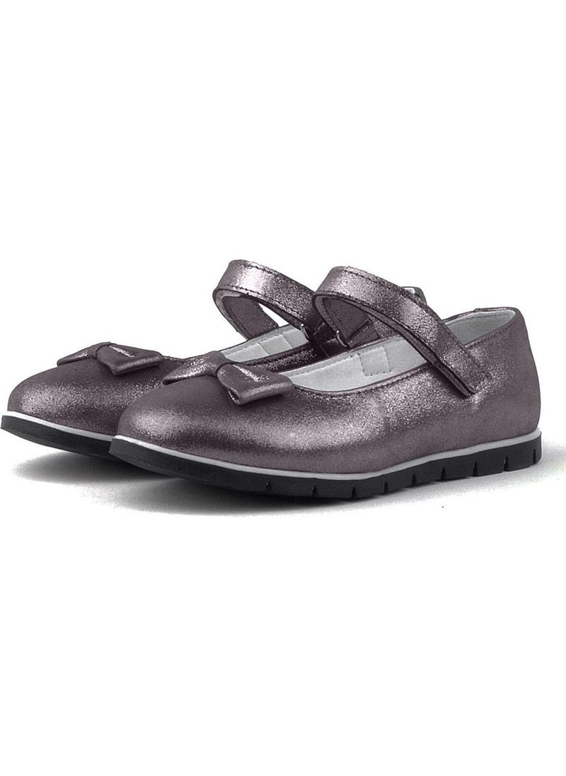 Genuine Leather Platinum Gray Velcro Girls Ballerina Shoes