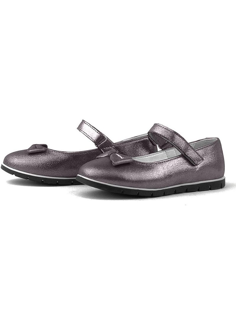 Genuine Leather Platinum Gray Velcro Girls Ballerina Shoes