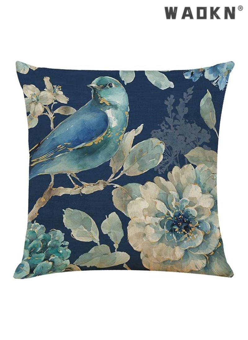 Throw Pillow Covers Set of 4 Navy Blue Cushion Covers 45cm x 45cm with Floral and Birds Linen Square Decorative Throw Pillow Cases for Living Room Sofa Couch Bed Pillowcases 18 x 18 inch