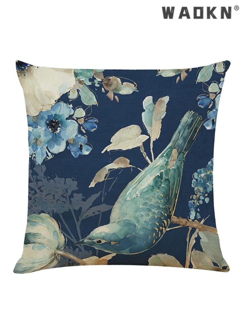 Throw Pillow Covers Set of 4 Navy Blue Cushion Covers 45cm x 45cm with Floral and Birds Linen Square Decorative Throw Pillow Cases for Living Room Sofa Couch Bed Pillowcases 18 x 18 inch