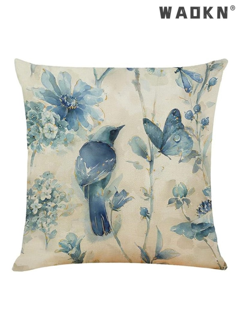 Throw Pillow Covers Set of 4 Navy Blue Cushion Covers 45cm x 45cm with Floral and Birds Linen Square Decorative Throw Pillow Cases for Living Room Sofa Couch Bed Pillowcases 18 x 18 inch