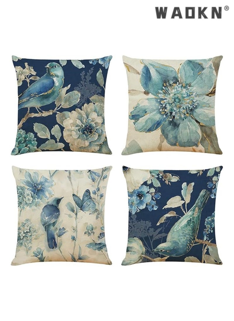 Throw Pillow Covers Set of 4 Navy Blue Cushion Covers 45cm x 45cm with Floral and Birds Linen Square Decorative Throw Pillow Cases for Living Room Sofa Couch Bed Pillowcases 18 x 18 inch