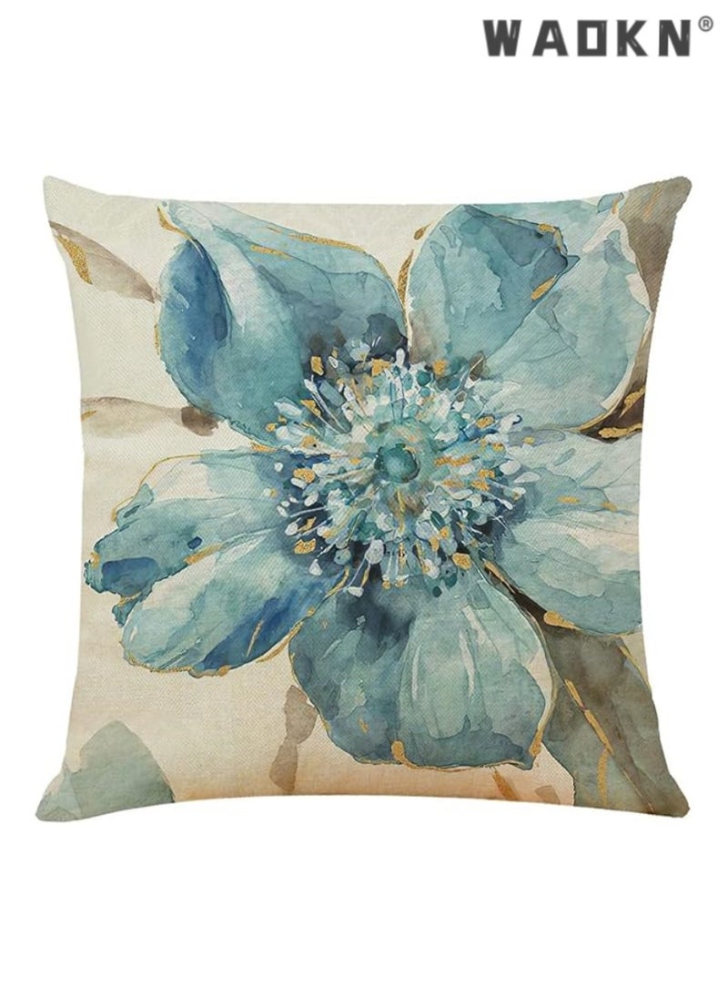 Throw Pillow Covers Set of 4 Navy Blue Cushion Covers 45cm x 45cm with Floral and Birds Linen Square Decorative Throw Pillow Cases for Living Room Sofa Couch Bed Pillowcases 18 x 18 inch